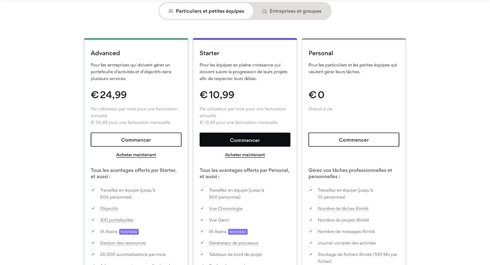 Tarifs et plans d'Asana
